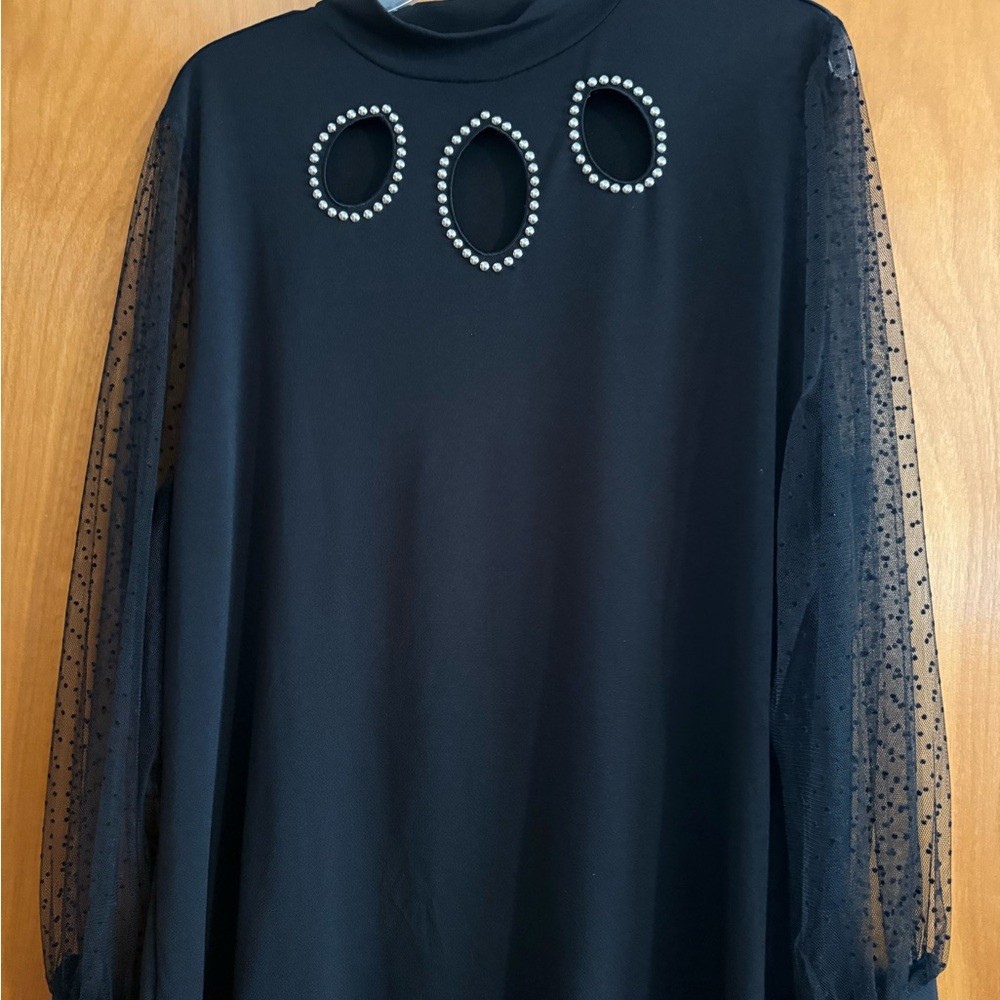 Belldini Black Blouse with Sheer Polka Dot Sleeves